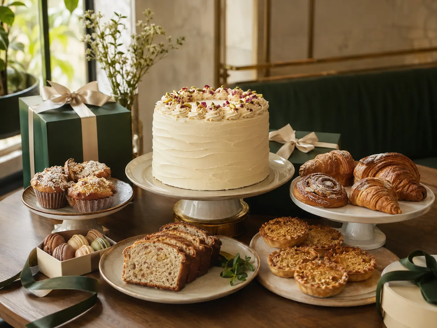 Celebration cake and bakery spread for a birthday or anniversary