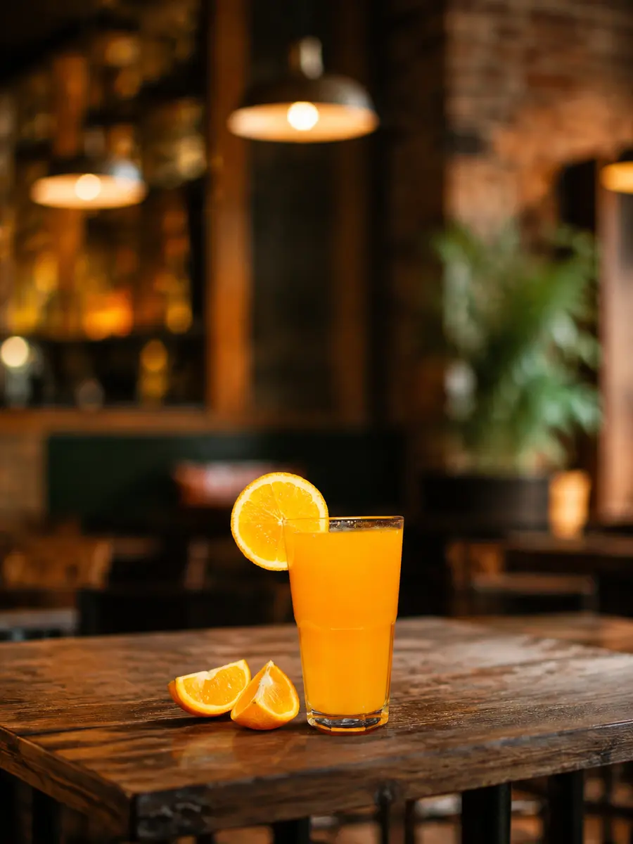 Fresh orange juice with an orange garnish at Nineteenth May