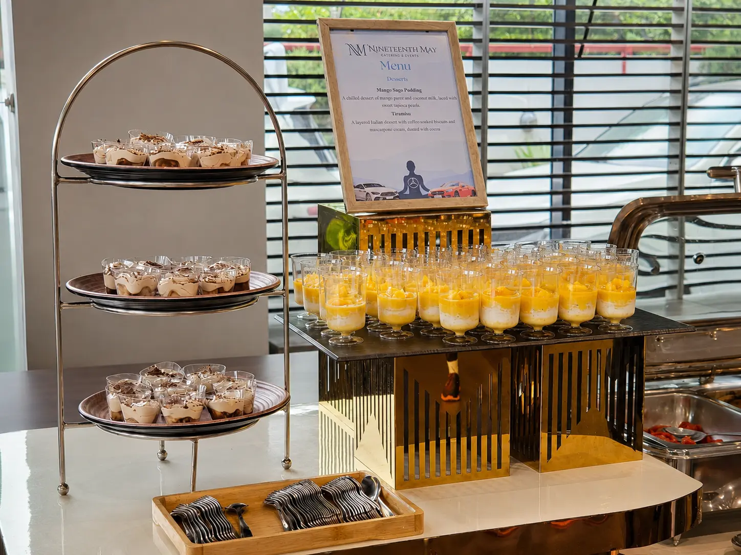 Original Nineteenth May dessert counter with mango sago pudding and tiramisu