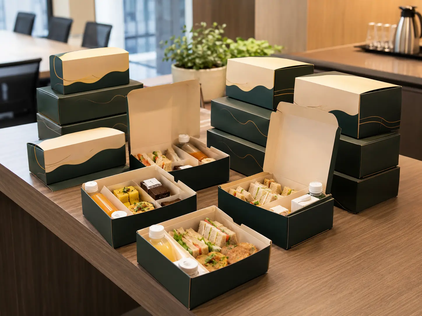 Corporate packed snack boxes by Nineteenth May Catering