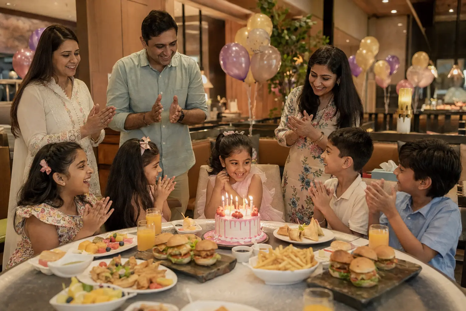 Indian children enjoying a cheerful restaurant birthday celebration