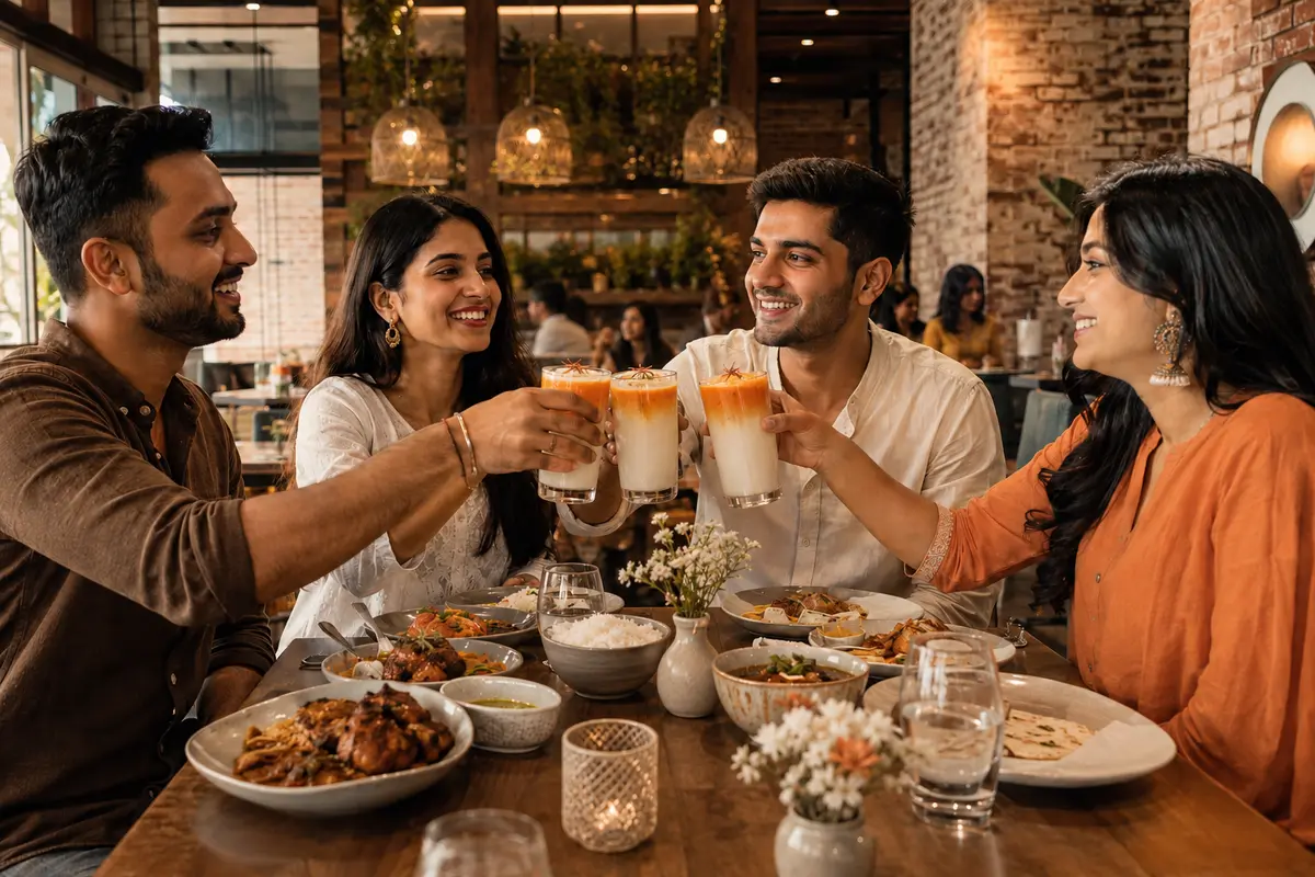 Young Indian friends celebrating Independence Day over food and tricolour zero-proof drinks at Nineteenth May