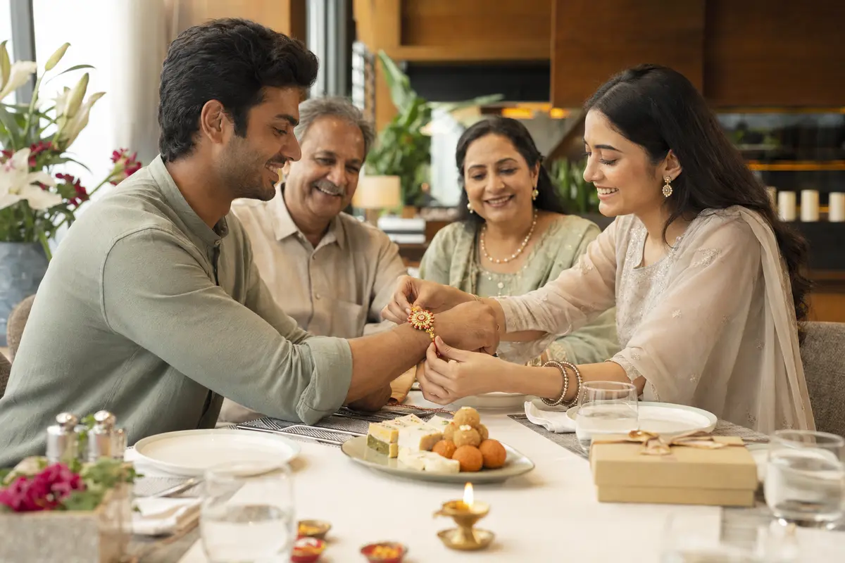 A sister tying a rakhi on her brother while their parents join them at a warm restaurant table