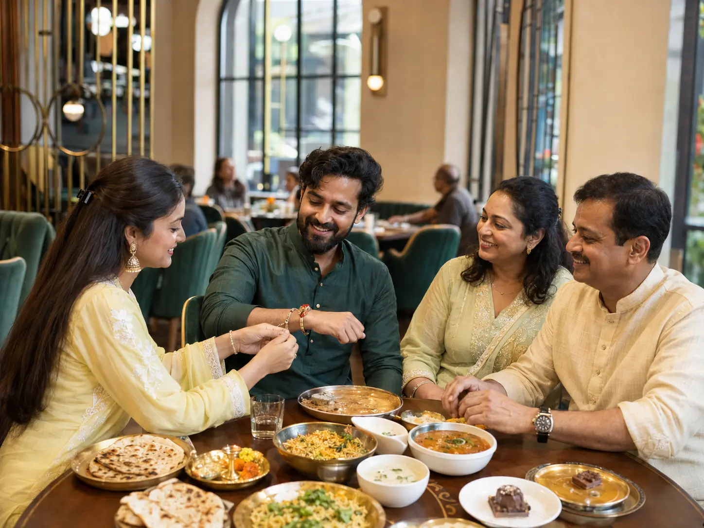 A sister tying rakhi while the family shares a festive meal