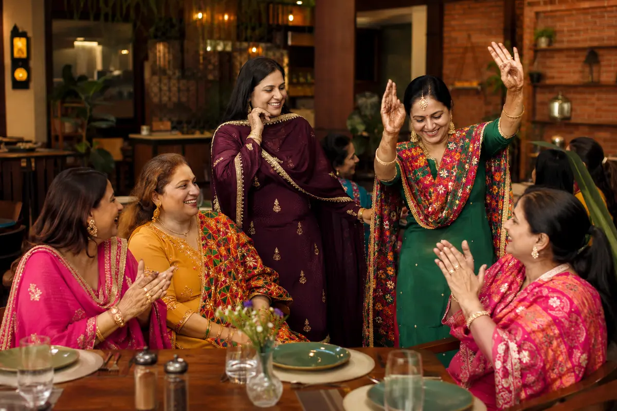 Punjabi women in traditional attire celebrating Teej together at a restaurant