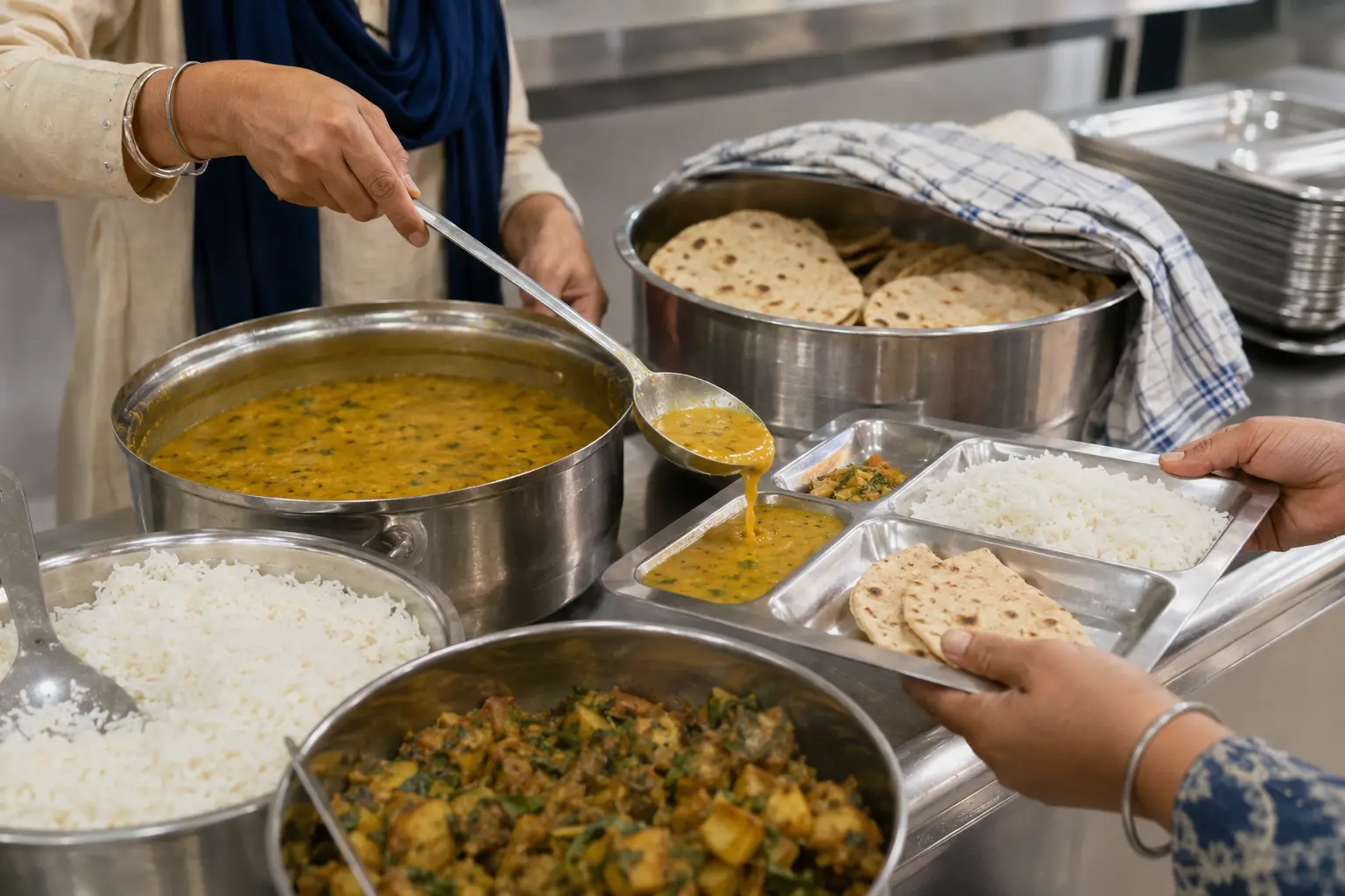 Vegetarian food being respectfully portioned into stainless-steel thalis